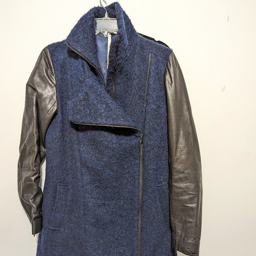 Double warm moto car coat - wool body, leather sleeves